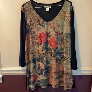 CSC Studio 3/4 Sleeve Asian Print Black V-Neck Tunic